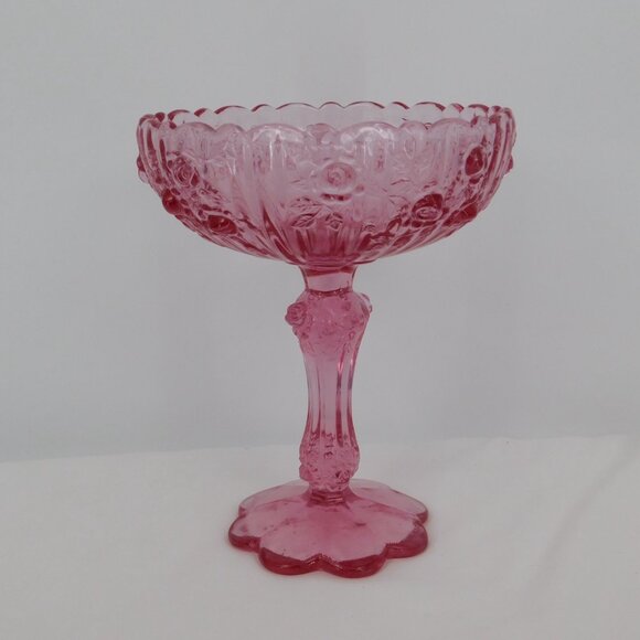 Fenton Rose Colonial Pink Round Compote Pressed Glass 7.5" tall Stem VINTAGE - Picture 2 of 12